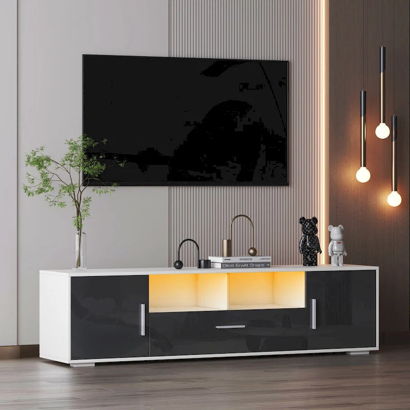 Mueble de TV de 62.99" con luces LED, armarios y estantes abiertos para televisores de hasta 65"