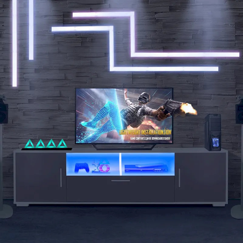Mueble de TV de 62.99" con luces LED, armarios y estantes abiertos para televisores de hasta 65"