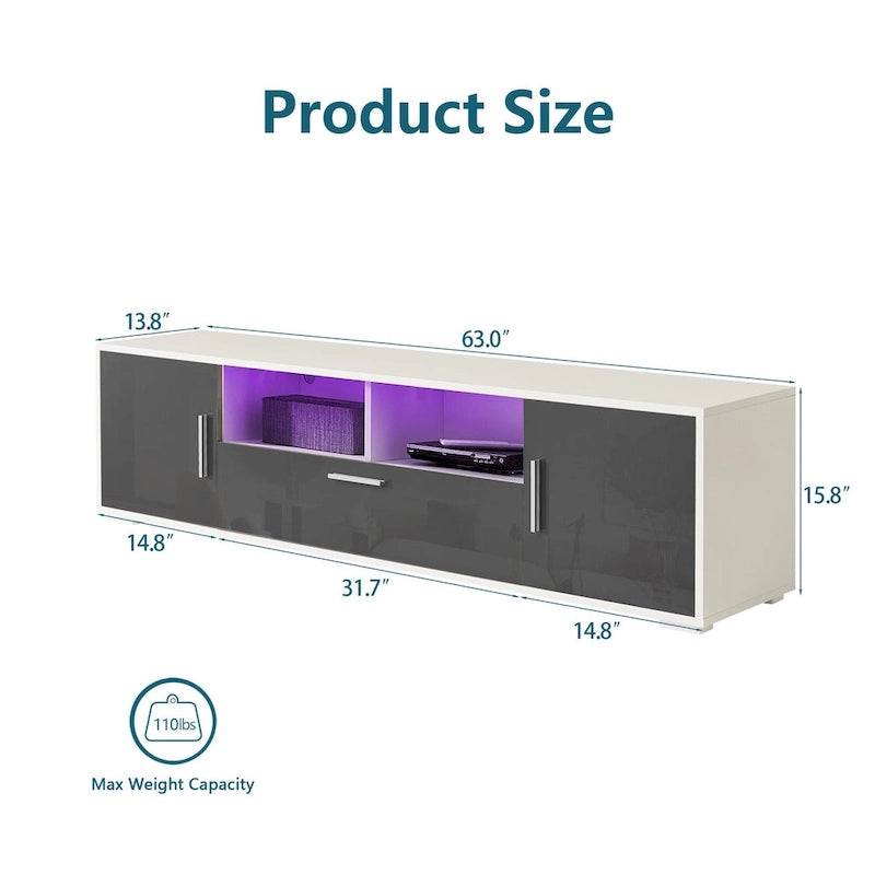 Mueble de TV de 62.99" con luces LED, armarios y estantes abiertos para televisores de hasta 65"