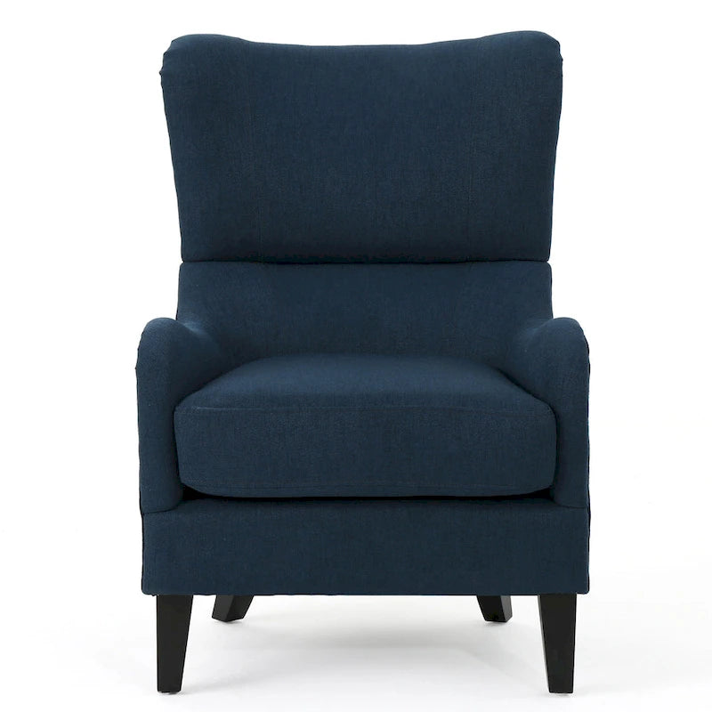 Sillón decorativo de respaldo alto con diseño de orejero y patas de madera de abedul