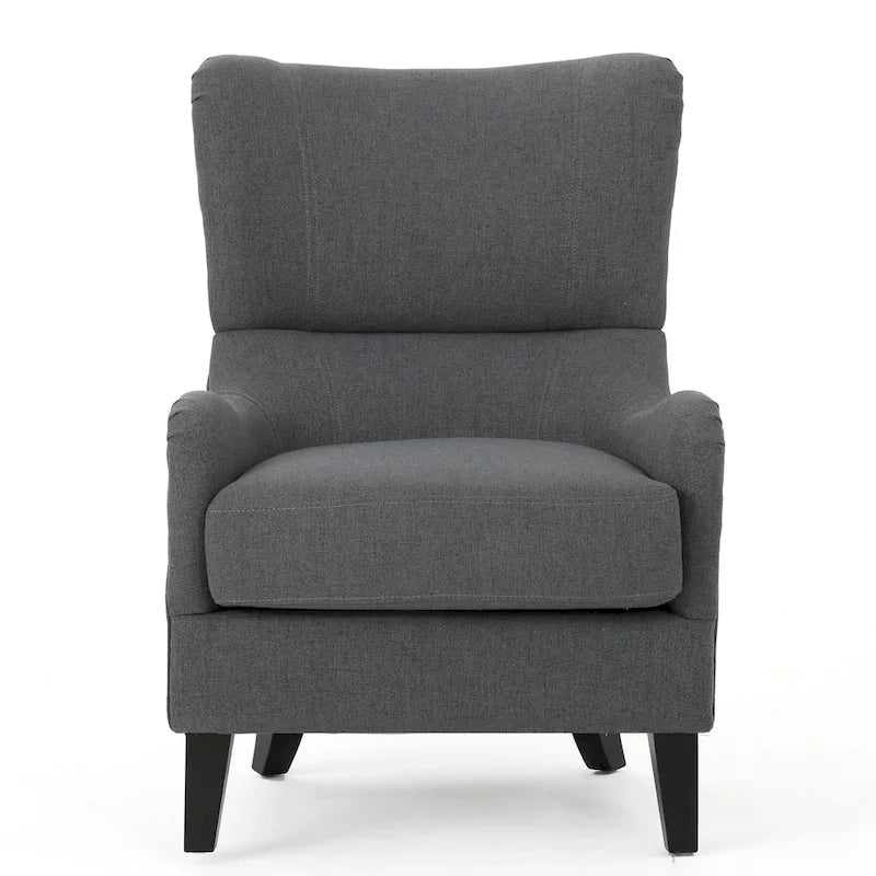Sillón decorativo de respaldo alto con diseño de orejero y patas de madera de abedul