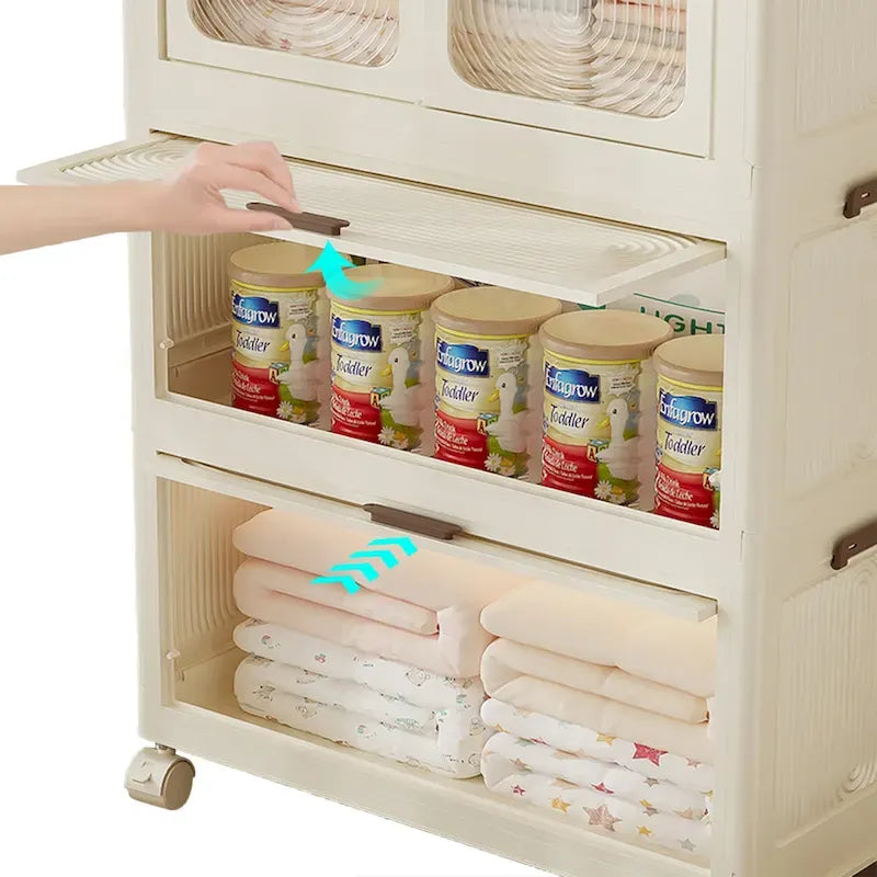 Armario portátil con puertas magnéticas, 4 cubos, barra para colgar y 10 perchas