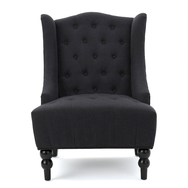 Sillón club tapizado de respaldo alto color carbón con botones y copetudo