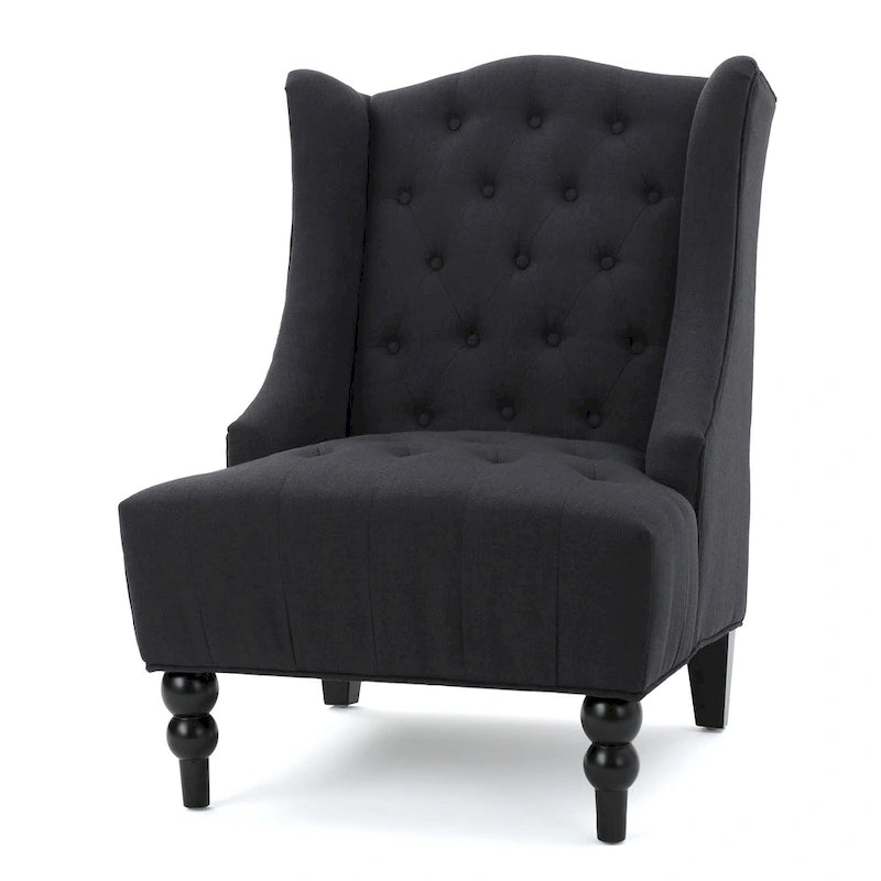 Sillón club tapizado de respaldo alto color carbón con botones y copetudo