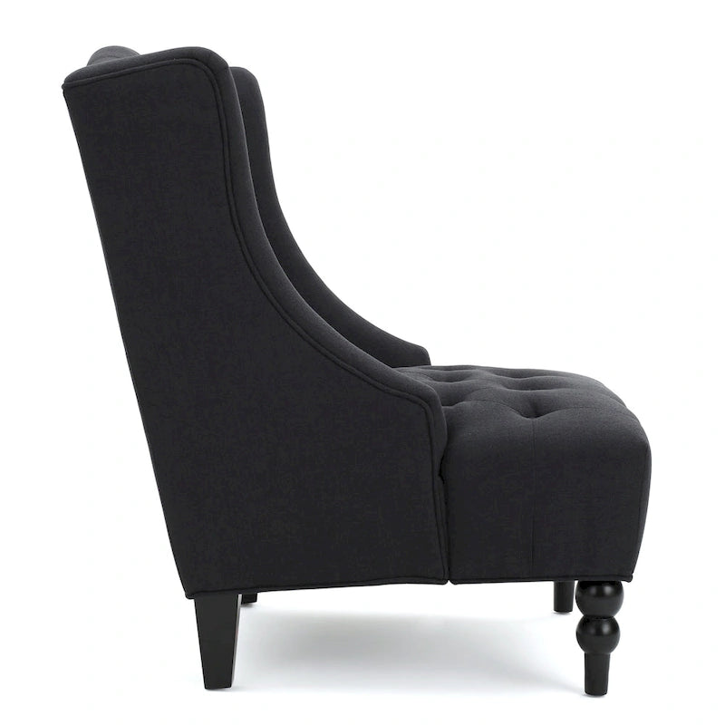 Sillón club tapizado de respaldo alto color carbón con botones y copetudo