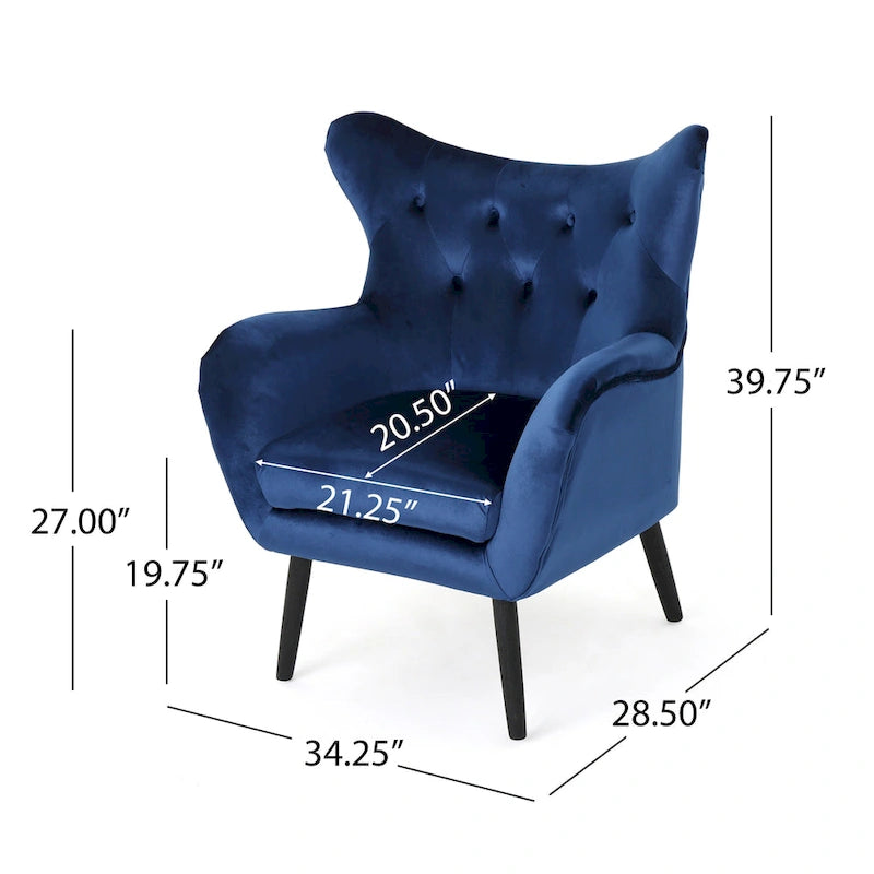 Sillón auxiliar tapizado en terciopelo azul marino con orejeras
