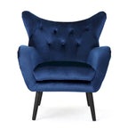 Sillón auxiliar tapizado en terciopelo azul marino con orejeras