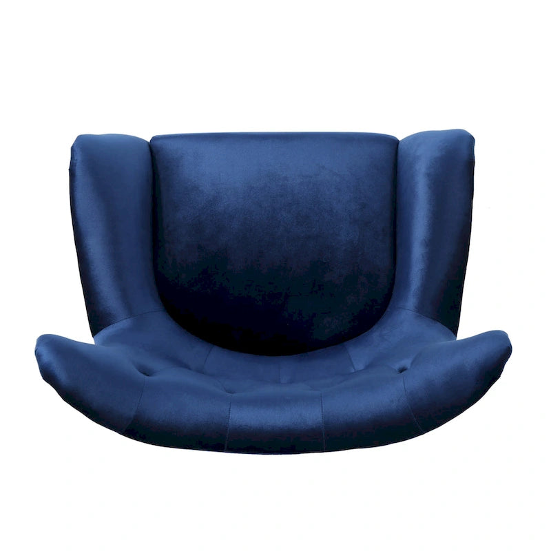 Sillón auxiliar tapizado en terciopelo azul marino con orejeras