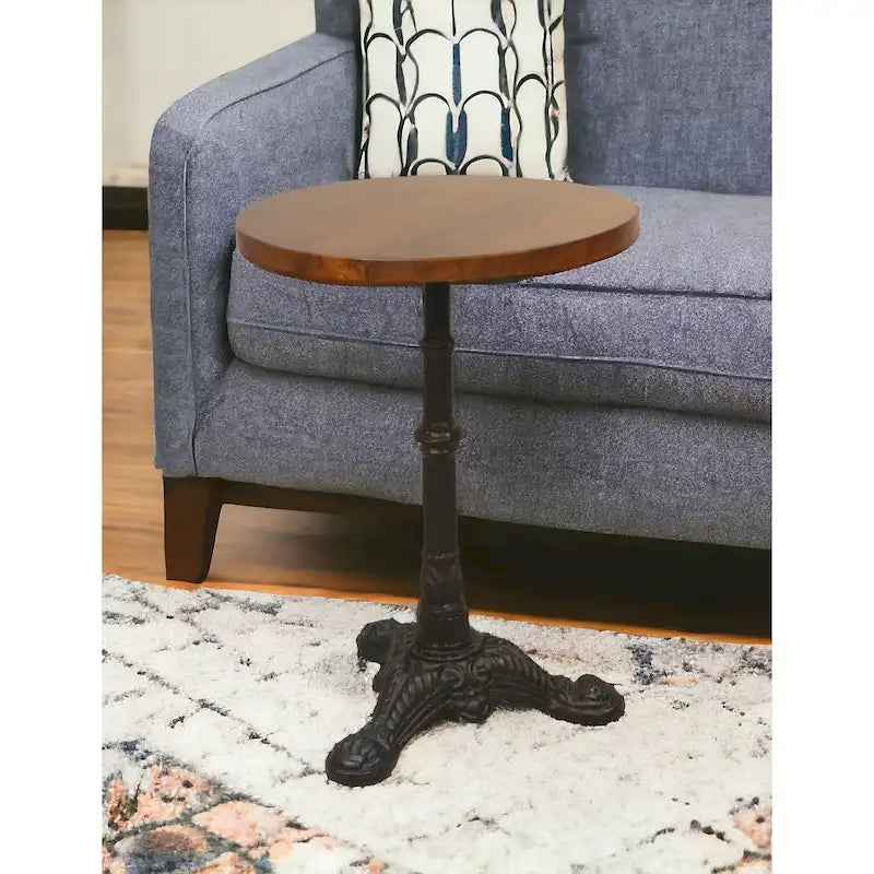Mesa auxiliar redonda de 28" - Tapa de madera maciza con base de hierro