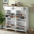 Conjunto de zapatero con 4 cajones abatibles y 2 cajones de almacenamiento, superficie con veta de madera, blanco