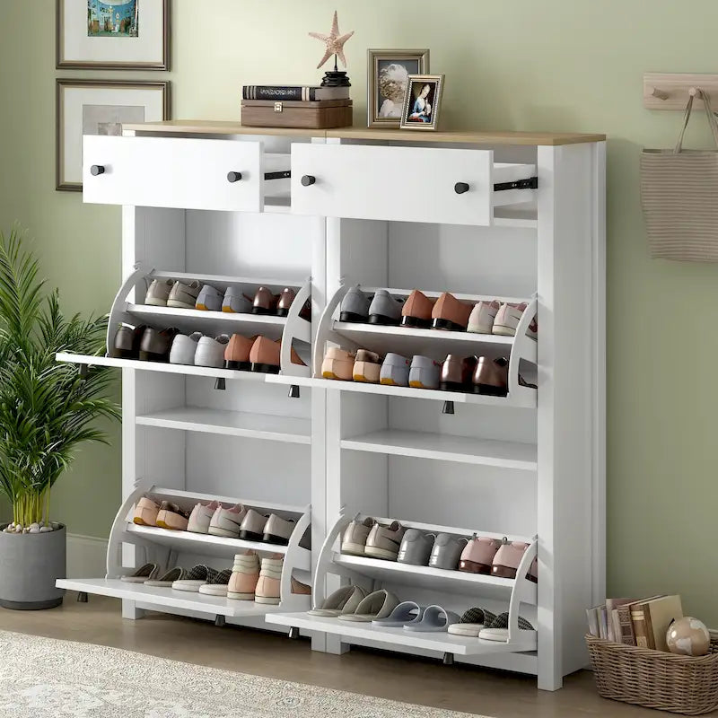 Conjunto de zapatero con 4 cajones abatibles y 2 cajones de almacenamiento, superficie con veta de madera, blanco