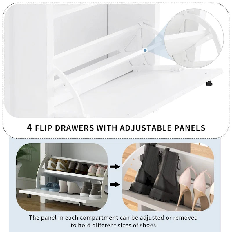 Conjunto de zapatero con 4 cajones abatibles y 2 cajones de almacenamiento, superficie con veta de madera, blanco