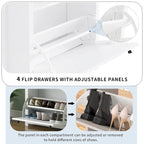 Conjunto de zapatero con 4 cajones abatibles y 2 cajones de almacenamiento, superficie con veta de madera, blanco