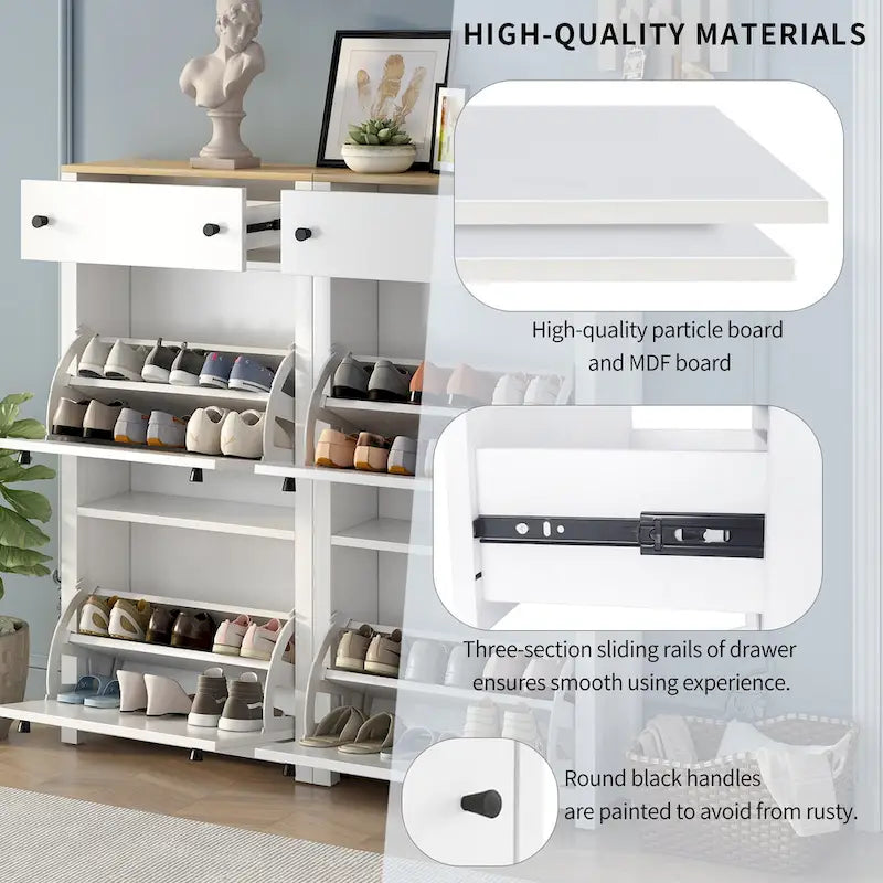 Conjunto de zapatero con 4 cajones abatibles y 2 cajones de almacenamiento, superficie con veta de madera, blanco