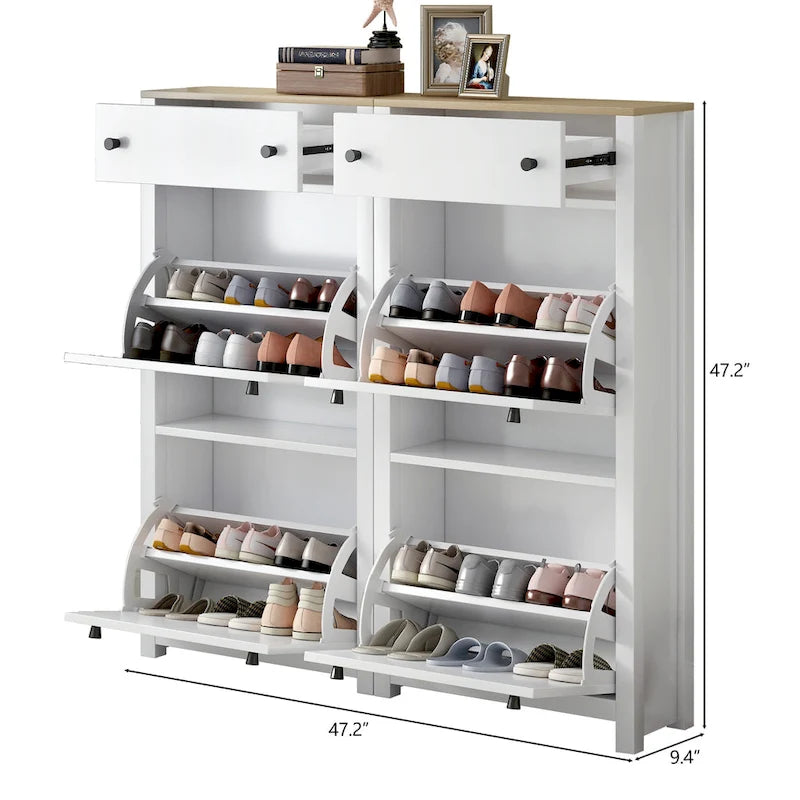 Conjunto de zapatero con 4 cajones abatibles y 2 cajones de almacenamiento, superficie con veta de madera, blanco