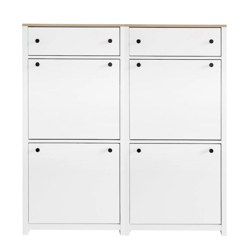 Conjunto de zapatero con 4 cajones abatibles y 2 cajones de almacenamiento, superficie con veta de madera, blanco
