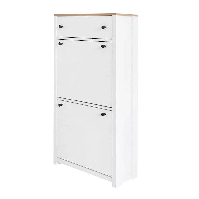 Conjunto de zapatero con 4 cajones abatibles y 2 cajones de almacenamiento, superficie con veta de madera, blanco