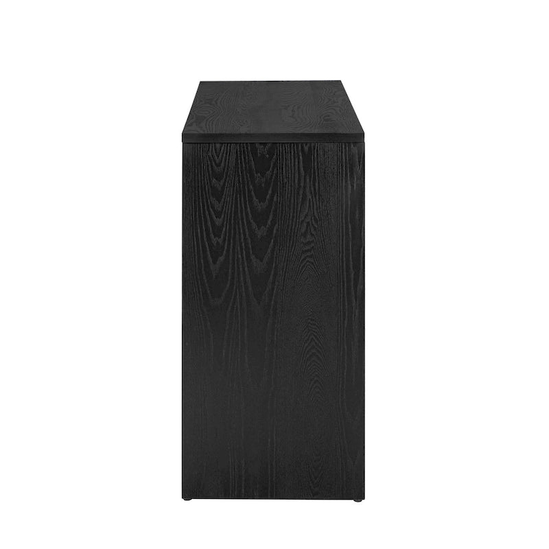 Elegante mesa consola con diseño inspirado en una chimenea y cubierta con chapa de madera