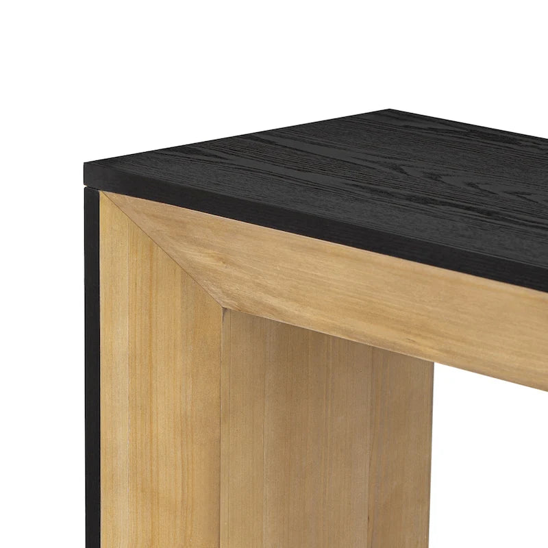Elegante mesa consola con diseño inspirado en una chimenea y cubierta con chapa de madera