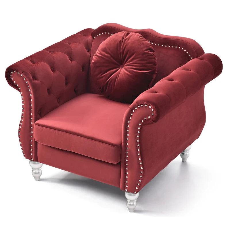 Sillón decorativo de terciopelo capitoné con cojín redondo – Rojo