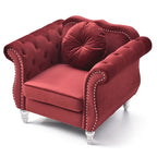 Sillón decorativo de terciopelo capitoné con cojín redondo – Rojo