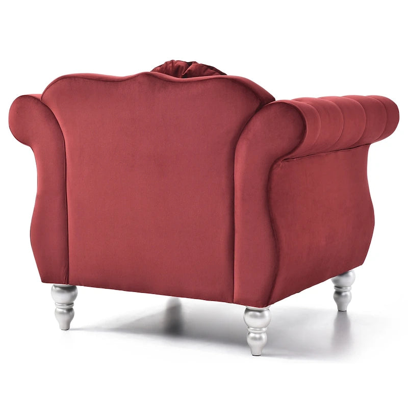Sillón decorativo de terciopelo capitoné con cojín redondo – Rojo