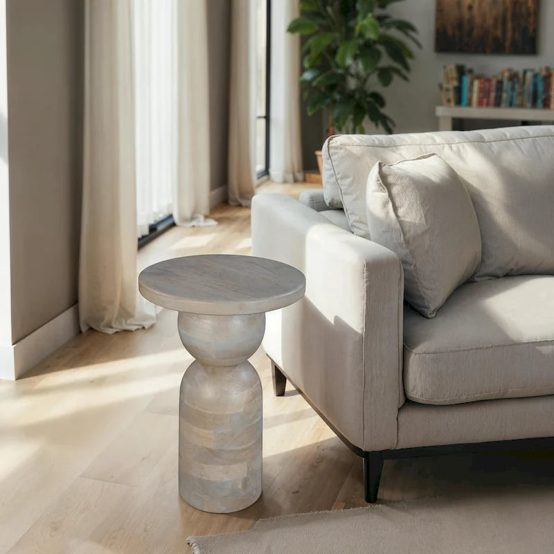 Mesa auxiliar redonda de 12 pulgadas, base de pedestal torneada, madera de mango beige con acabado marrón natural