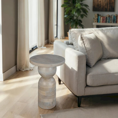 Mesa auxiliar redonda de 12 pulgadas, base de pedestal torneada, madera de mango beige con acabado marrón natural