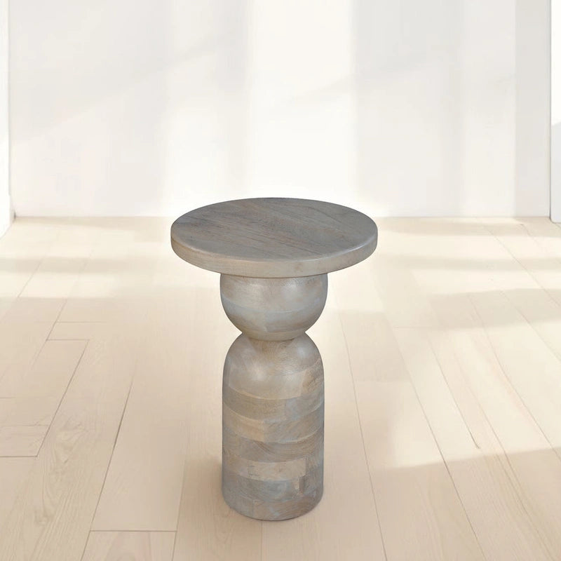 Mesa auxiliar redonda de 12 pulgadas, base de pedestal torneada, madera de mango beige con acabado marrón natural