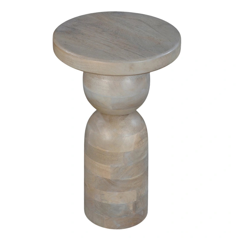 Mesa auxiliar redonda de 12 pulgadas, base de pedestal torneada, madera de mango beige con acabado marrón natural
