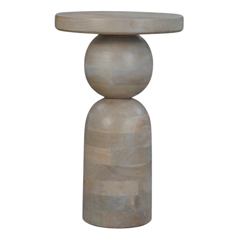 Mesa auxiliar redonda de 12 pulgadas, base de pedestal torneada, madera de mango beige con acabado marrón natural