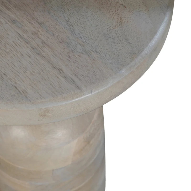 Mesa auxiliar redonda de 12 pulgadas, base de pedestal torneada, madera de mango beige con acabado marrón natural