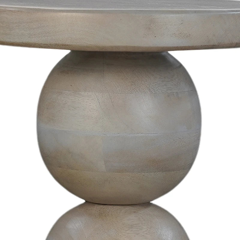 Mesa auxiliar redonda de 12 pulgadas, base de pedestal torneada, madera de mango beige con acabado marrón natural