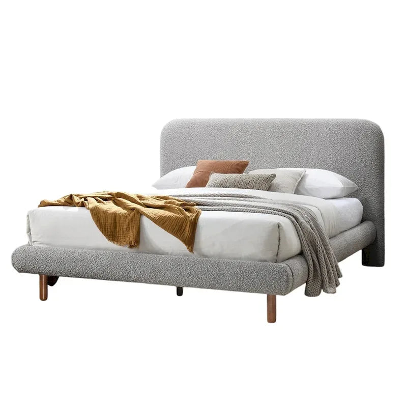 Cama King Size con Bordes Curvos y Tapizado Bouclé Gris