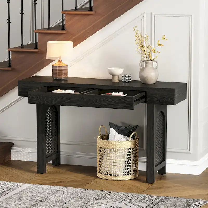 Mesa consola estrecha con detalle de ratán y 2 cajones – Negro antiguo