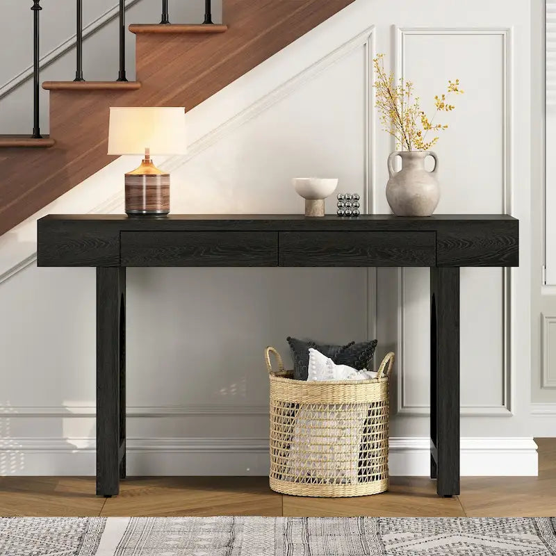 Mesa consola estrecha con detalle de ratán y 2 cajones – Negro antiguo