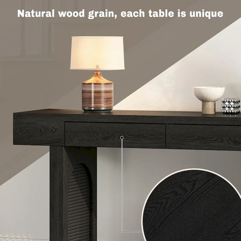 Mesa consola estrecha con detalle de ratán y 2 cajones – Negro antiguo