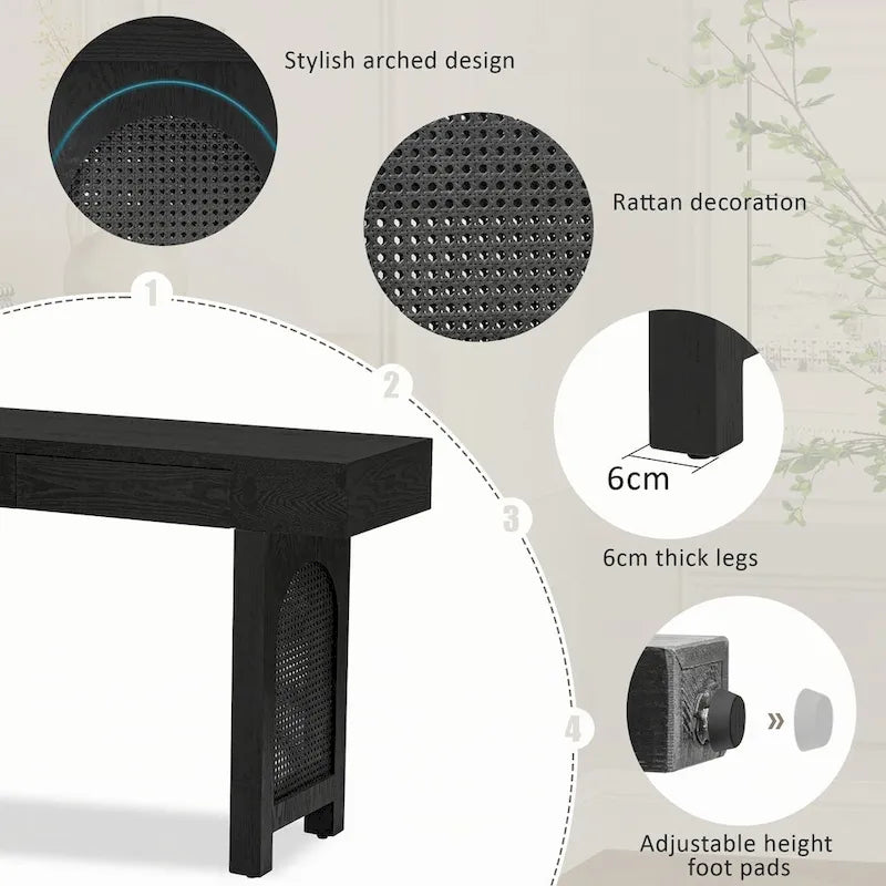 Mesa consola estrecha con detalle de ratán y 2 cajones – Negro antiguo