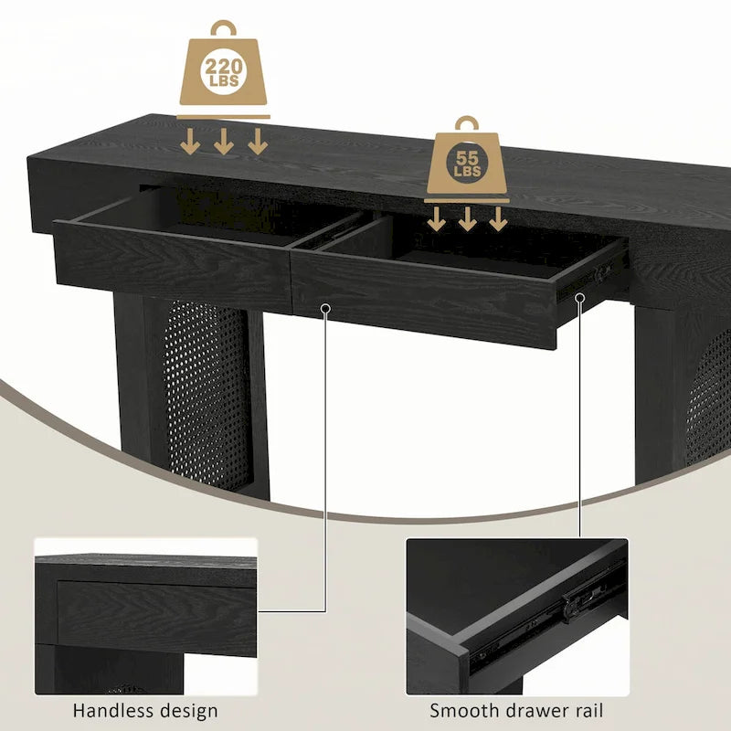 Mesa consola estrecha con detalle de ratán y 2 cajones – Negro antiguo