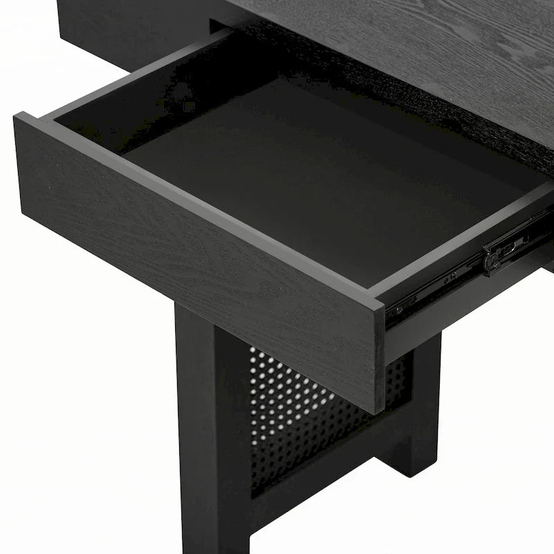 Mesa consola estrecha con detalle de ratán y 2 cajones – Negro antiguo