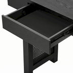 Mesa consola estrecha con detalle de ratán y 2 cajones – Negro antiguo