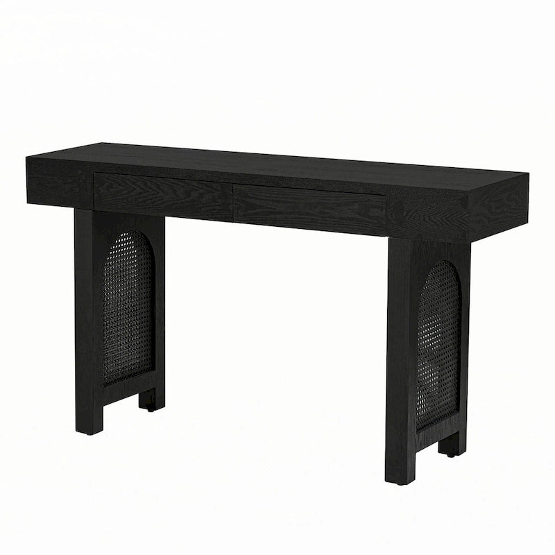 Mesa consola estrecha con detalle de ratán y 2 cajones – Negro antiguo