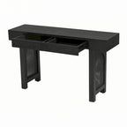 Mesa consola estrecha con detalle de ratán y 2 cajones – Negro antiguo