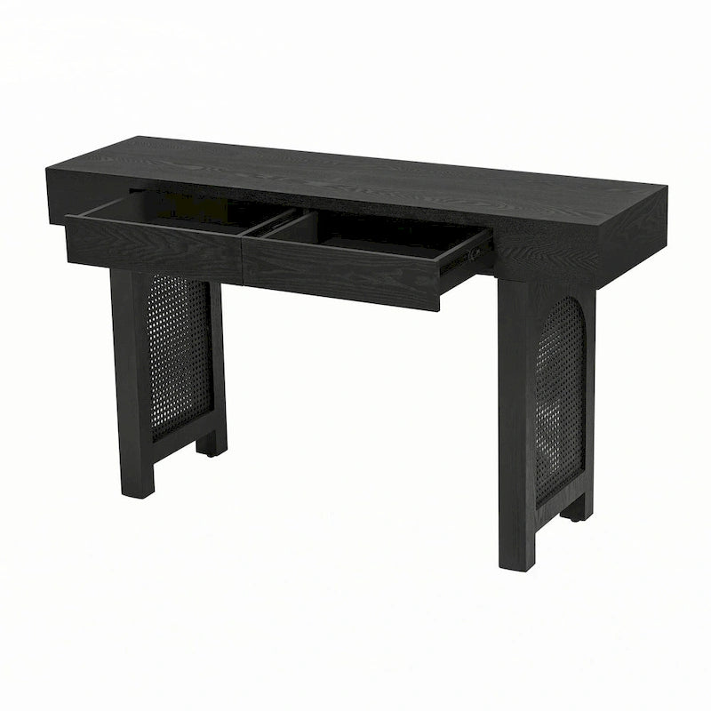 Mesa consola estrecha con detalle de ratán y 2 cajones – Negro antiguo