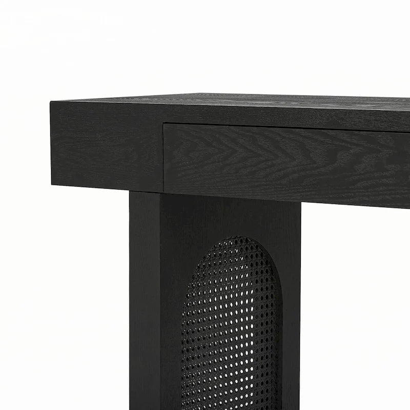 Mesa consola estrecha con detalle de ratán y 2 cajones – Negro antiguo
