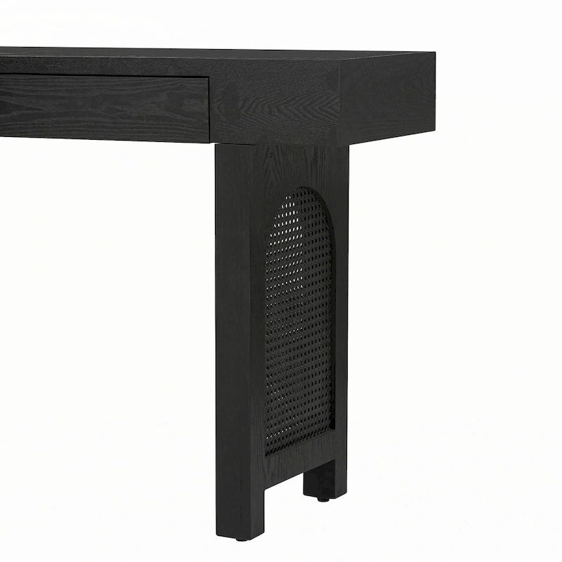Mesa consola estrecha con detalle de ratán y 2 cajones – Negro antiguo