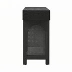 Mesa consola estrecha con detalle de ratán y 2 cajones – Negro antiguo