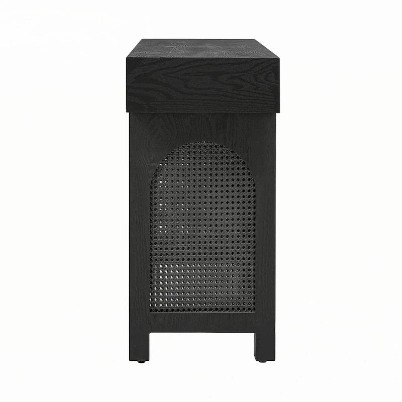 Mesa consola estrecha con detalle de ratán y 2 cajones – Negro antiguo