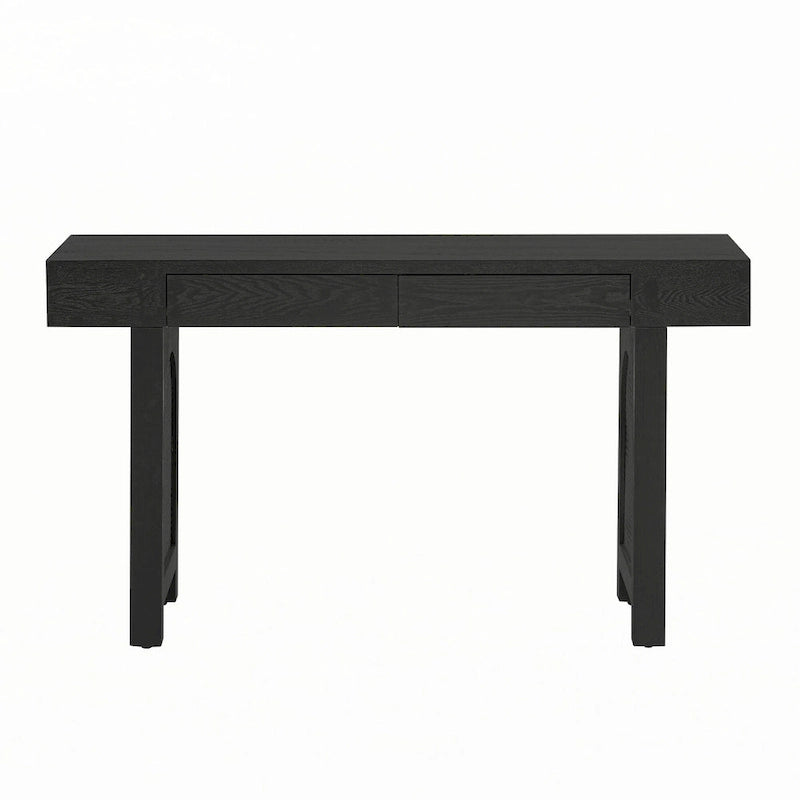Mesa consola estrecha con detalle de ratán y 2 cajones – Negro antiguo