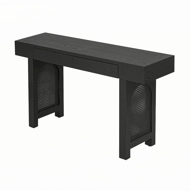 Mesa consola estrecha con detalle de ratán y 2 cajones – Negro antiguo